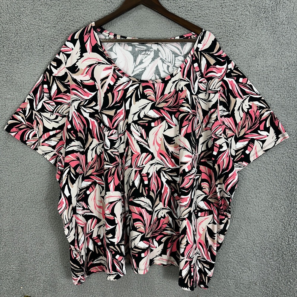 Catherines Top 5X Pink Black Tropical Floral Blouse Plus Size Boho Resort Cruise